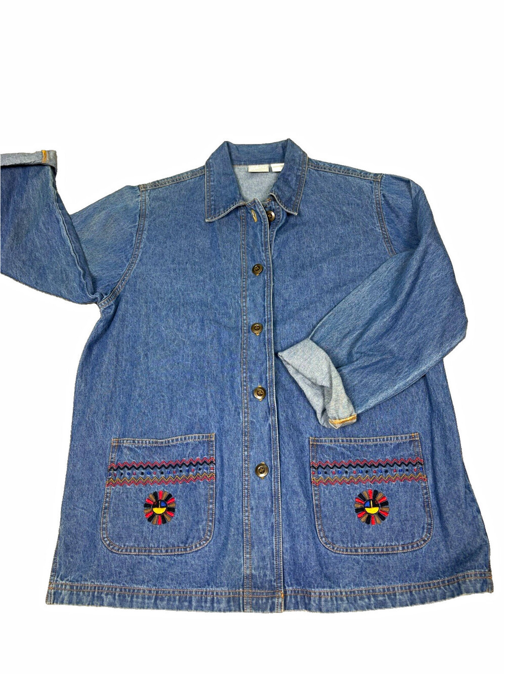 Vintage Denim Jacket Southwestern Embroidered Thunderbird Chore Coat M